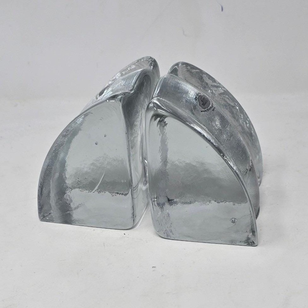 Vtg Y2K Blenko Glass "Glacier Ice Waterfall" bookends set of 2 clear Brutalist